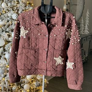 POL Women's Quilted Jacket in Brown with Star and Pearl Details NWOT